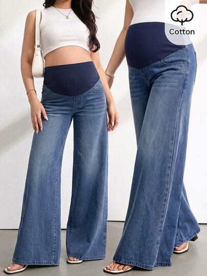 SHEIN Maternity High Waist Wide Leg Loose Casual Versatile Denim Jeans Fall/Winter Elegant Vacation Formal Business Cowgirl Festival Ceremony Blue Basic