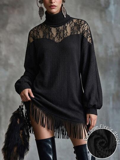 Omancia Women's Fall Sexy Elegant Minimalist Black High Neck Lace Patchwork Ribbed Lantern Sleeve Loose Hem Tassel Short Dress Halloween Party Night
