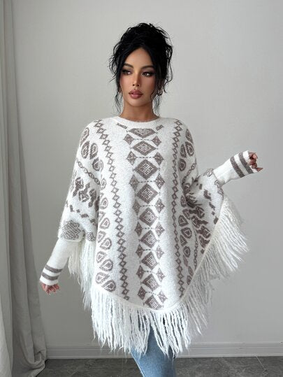 Elenzga Women's Autumn New Single Piece Round Neck Loose Long Sleeve Jacquard Pattern Hem Tassel Design Fashion Elegant Lady Daily Versatile Elegant Knit Pullover Sweater