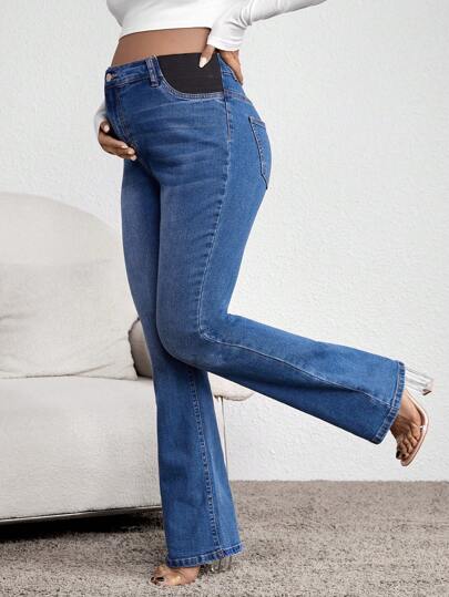 Plussiva Plus Size Maternity Blue Autumn Smart Casual Everyday Washed Flare Leg Jeans,Winter Back To School Y2k Streetwear Grunge Work Teacher Casual Denim
