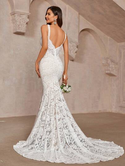SHEIN Belle White Summer Elegant Wedding Dress,Gorgeous Champagne V-Neck Scalloped Stretch Lace Backless Mermaid Tail Floor-Length Bridal Gown For Bride,Parties