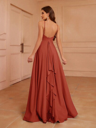 Aureia Rust Brown Adult Bridesmaid Dress,Halter Neck Low Back Asymmetrical Ruffled Hemline Elegant Floor Length Gown For Summer,Formal,Evening,Prom,Wedding