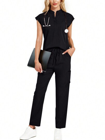 cimmuovere 2pcs Women Stand Collar Scrub Uniform Set Spring Black Fall