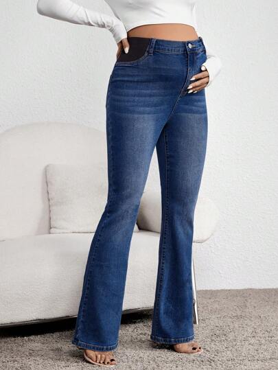 SHEIN Pregnant Women's Flared Pocket Casual Versatile Mom Jeans, For Maternity