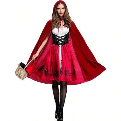 Little Red Riding Hood Costume For Women, Halloween Party Cosplay Dress With Cape For Halloween Outfit Cosplay Party