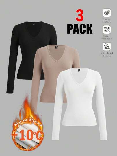 SHEIN EZwear 3pcs Women Deep V-Neck Slim Fit Casual Basic Thermal Lined Long Sleeve T-Shirt Set, Autumn/Winter Everyday Lounge Holiday Black Khaki White