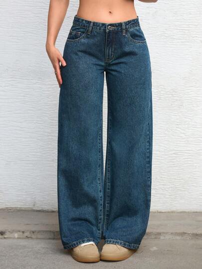 Jeanoix Solid Color Pocket Casual Versatile Wide-Leg Jeans