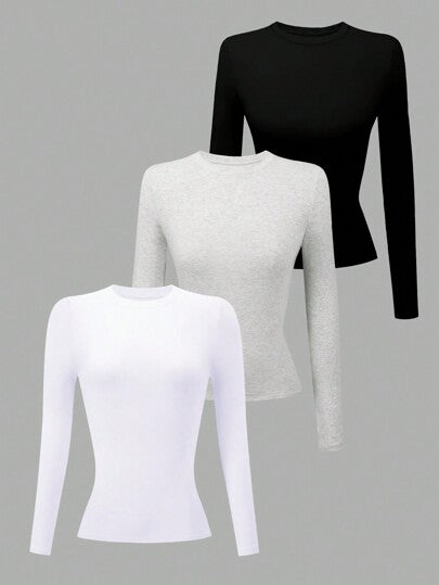 INAWLY 3pcs/Set Women Plain Round Neck Long Sleeve T-Shirts Fall Cloth For Women