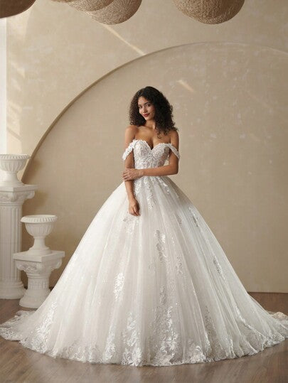 Shiny Prom Dress, Off-Shoulder Sequin Lace Wedding Dress, Bridal Gown Elegant Fall