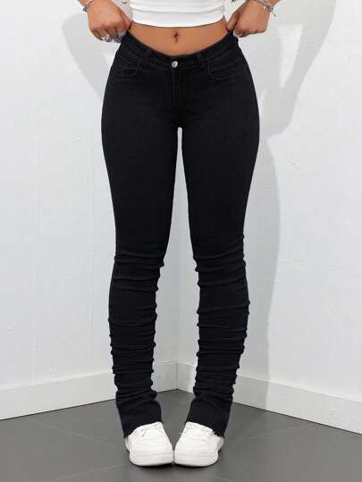 SHEIN Tall Slim Fit Bell Bottom Solid Color Casual Jeans, Tall Women,Pant Leg Stacking