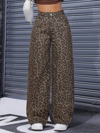 Jeanoix Casual Vintage Leopard Print Denim Jeans