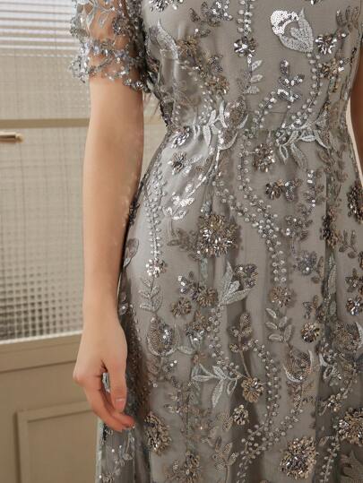 DAZY Women's Elegant Gray Summer Lace Embellished Long Vacation Dress,Wedding Guest Gown,Sequin Graduation Birthday Party Dress,Plus Size Casual Dresses