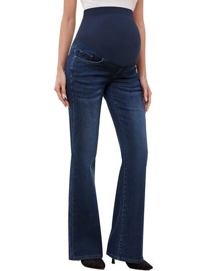 Women's Stretch Maternity Bootcut Jeans With Pockets Over Belly Bell Bottoms Flare Pregnancy Denim Pants