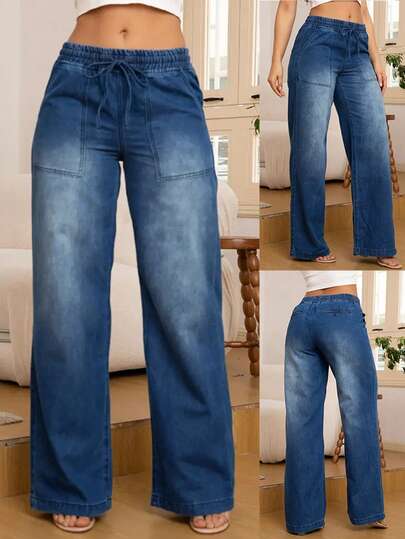 Women's Denim Jeans, Fashionable Versatile Back Pocket Drawstring Elastic Waist Straight Leg Wide Leg Denim Pants