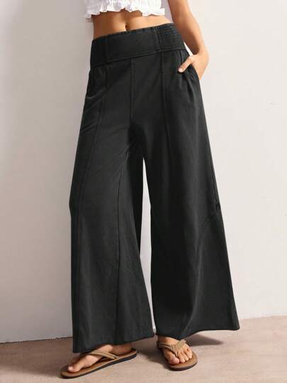 Bohemela Casual Solid Color Knit Loose Wide Leg Washed Women Pants Wide Leg Pants Smocked Waist Pants