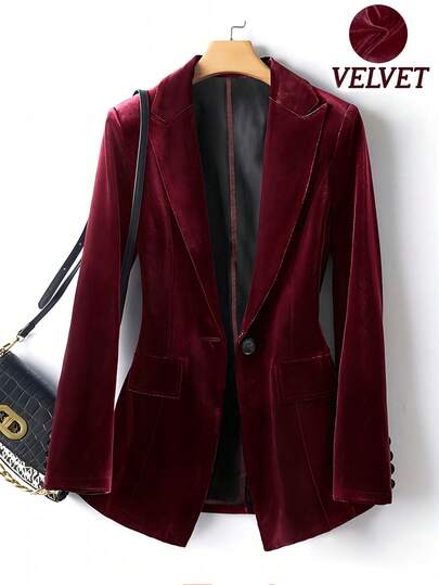 Women's Casual Velvet Fabric Slim Fit Single Breasted Long Sleeve Blazer Jacket, Suitable For Commuting, Autumn/Winter Fall
