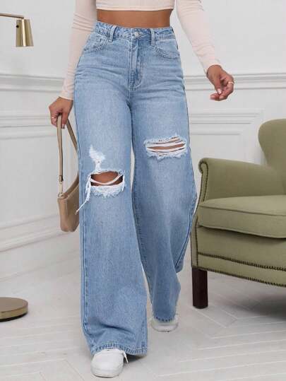 SHEIN Essnce Washed Denim Blue High Waist Ripped Wide Leg Jeans