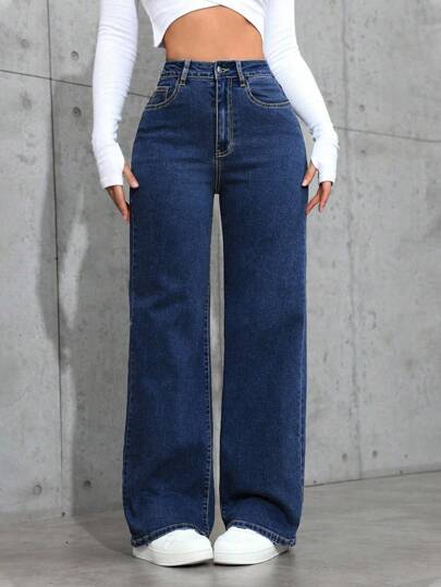 Jeanoix Casual High Waist Straight Leg Washed Denim Jeans