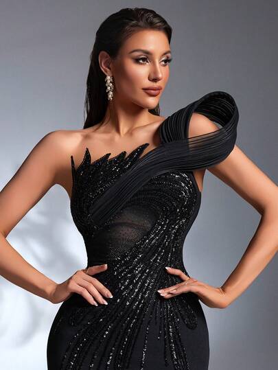 IBTRLY Elegant Black Stretch Fabric Beaded Sequin Applique Slit Formal Evening Dress For Party, Wedding, Please Pay Attention To Size When Purchasing) Fall