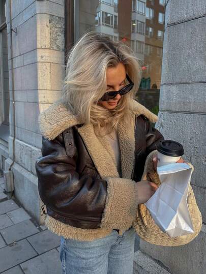 THREADLY Winter New Short Warm Double-Sided Motorcycle Jacket Women's Brown Breathable Leather & Fur One-Piece Large Collar Fleece Coat