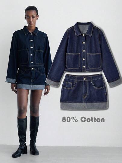 Maija Women's Navy Blue Denim Suit 2 Pieces Set,Long-Sleeved Jacket And Folded Hem Skirt,Autumn Casual Everyday Korean Ins Style Office Outfits For Women