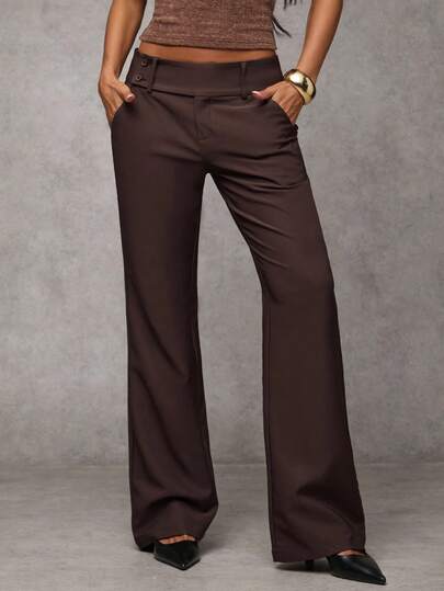 SHEIN BAE Women's Fashion Casual Elegant Retro Pocket Flare Leg Pants, Old Money, Business Casual, Going Out Office, Back To School, Dark Brown Trousers, Autumn