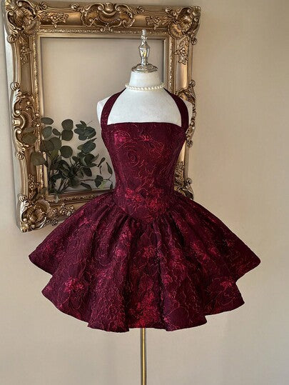 Lovelzi Elegant Burgundy Jacquard Halter Backless A-Line Dress, Fashionable Long Sleeve Gown For Graduation,Birthday Party,Wedding,Prom&Music Festival