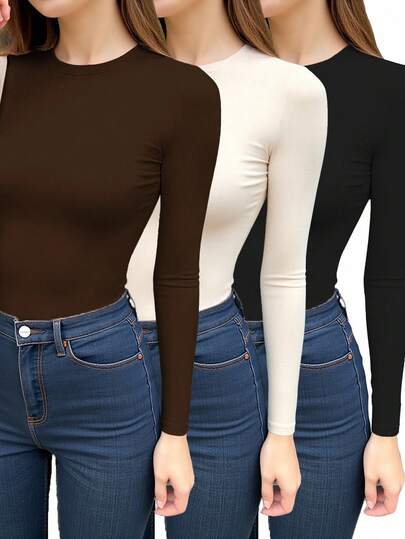 INAWLY 3pcs/Set Women's Slim Fit Long Sleeve Crew Neck T-Shirts