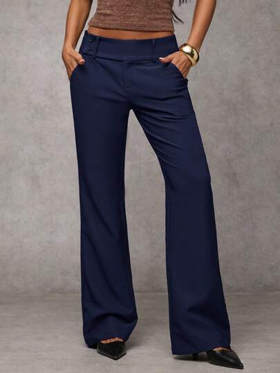 SHEIN BAE Women's Solid Color Pocket Casual Versatile Pants,Autumn Work Office Navy Blue