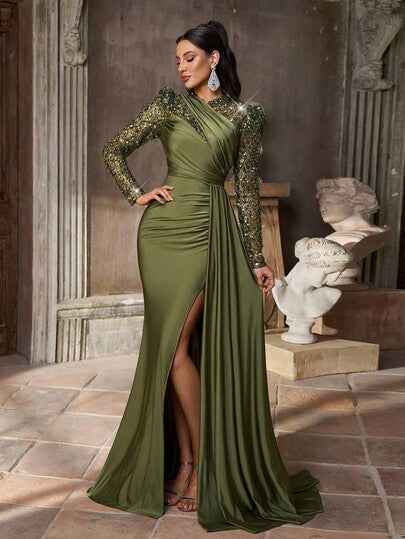 Aureia Elegant Gray-Green Sequin Embroidery Stretch Knit Dress,Stand-Up Collar Bubble Long Sleeves See-Through Pleated Slit Fishtail Dinner Dress For Wedding