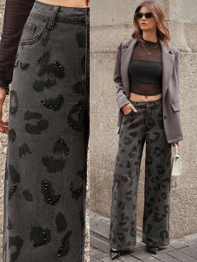 Selenza Women's Fashion Leopard Print Belted Casual Rhinestone Embellished Jeans