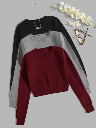 Franclia 3-Pack Women's Casual Crew Neck Long Sleeve Sweaters, Autumn/Winter