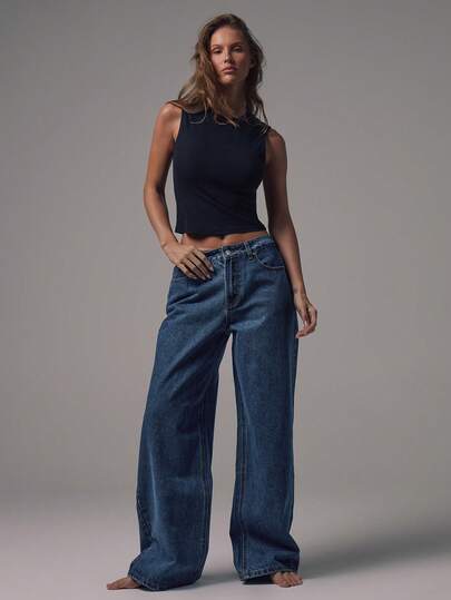 MUSERA Mid Waist Wide Leg Light Blue Wash Silver Button Detail Denim Jeans Rise Casual Night Out Back To School Office Work Date Core Chic Spring Summer