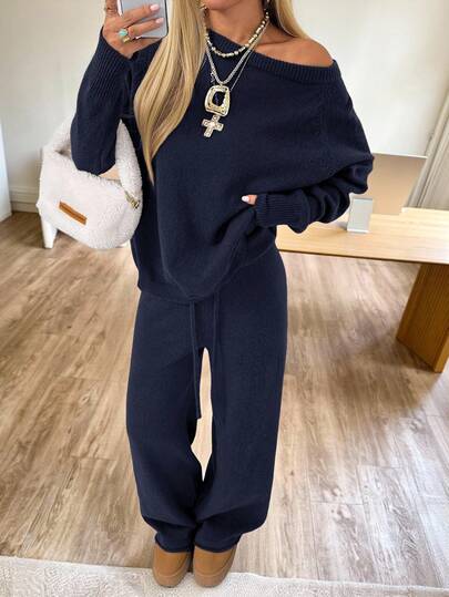 CovetEZ Women's Casual Navy Blue Knit Two Piece Set,Autumn Loose Pullover Sweater & Drawstring Waist Pants,Everyday Commute Comfortable Comfy Lounge Outfit