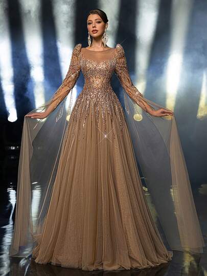 Glamrae Elegant Luxurious Beaded & Sequin Champagne Maxi Evening Gown,Heavy Embellished Glamorous Gala Dress For Weddings,Parties,Balls & Formal Occasions