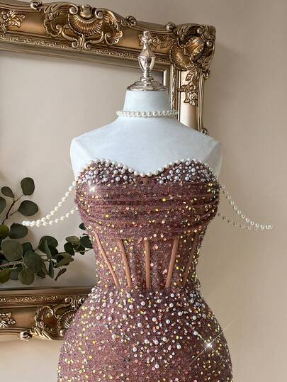 Lovelzi Elegant Glamorous Sequined Embroidery Cocktail Party Dress, Handmade Sequins Chain & Bubble Bead Embellishments, Strapless Bandeau Sheer Boning