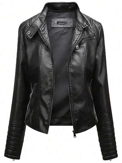 Women's Leather Jacket, Long Sleeve Fitted Stand Collar Leather Coat, Autumn,Fleece,Winter Black Sports, Streetwear