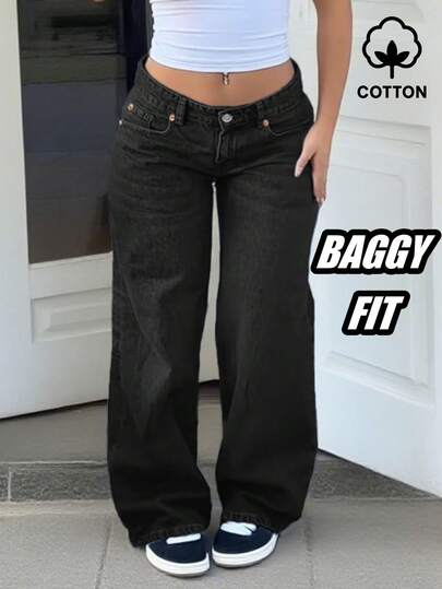 MYOURSA Loose Low Waist Wide Leg Jeans, Casual Y2K College Style Street, Black, Autumn Spring, Back To School Fall