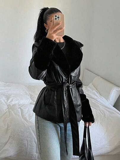 SHEIN EZwear Solid Color Long Sleeve Casual PU Patchwork Waisted Jacket With Drawstring In Fall/Winter