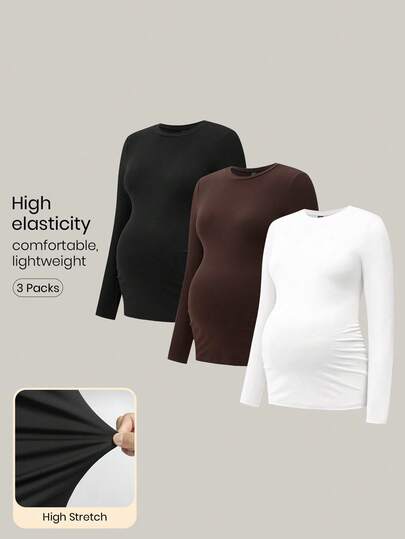Modmama 3pcs/Set Maternity Casual Round Neck Long Sleeve Fitted Pregnancy T-Shirt Full Tops Shirts Fall