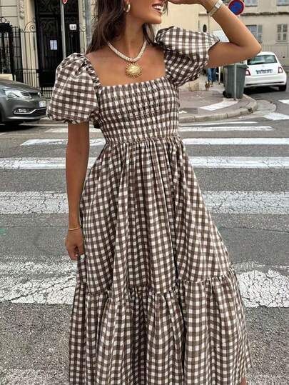 2026 Autumn Women's Plaid Elegant Bohemian Casual Elegant Outing Date Holiday Cinched Waist Puff Sleeve Ruffle Pleated Coffee Color Dress Summer