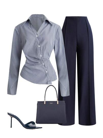 Franclia Elegant Navy Blue And White Striped Oblique Button Shirt & Straight Leg Pants Set,Spring And Summer Business Casual Teacher Outfit For Women,Office