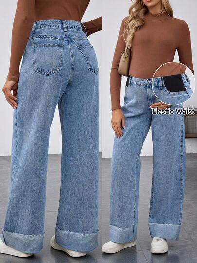 SHEIN Maternity High Waist Wide Leg Loose Denim Jeans,Light Blue Summer Casual Maternity Photoshoot Belly Support Full Length Cuffed Hem Mom Style Pants