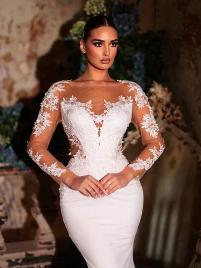 Glamrae Elegant White Summer Wedding Dress, Full Lace Floral Sheer Long Sleeve High Collar 3D Embroidery Form-Fitting Fish Tail Bridal Gown