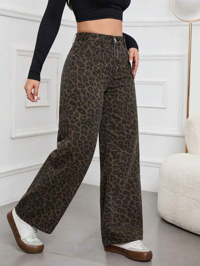 Jeanoix Women's High Waist Leopard Print Pocket Wide Leg Loose Casual Denim Pants