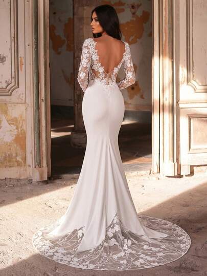 Glamrae White Summer Elegant Silky Wedding Mermaid Maxi Dress,Luxurious Embroidered Lace Applique Patchwork Stretch Knit Gown With Sheer Sleeves For Bridal