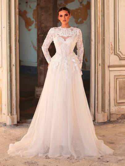 Aureia Women's White Summer Elegant Silky Wedding Gown,Stand Collar Long Sleeve Embroidered Bodice,Heart Neckline,Waist-Cinching Flared Mesh Skirt With Tie