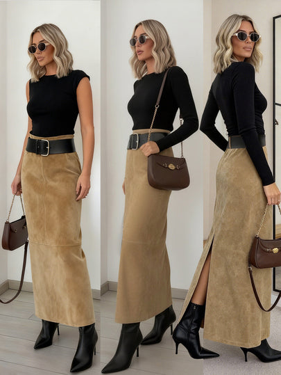 Autumn/Winter Khaki Split Hem Midi Skirt With Wide Black Belt, Casual Streetwear Commuter Fashion