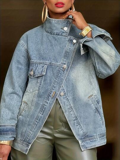 Women's Vintage Washed High Neck Asymmetric Button Loose Denim Jacket, Street Style Fashion Versatile Jacket Top, Suitable For Spring, Autumn&Winter.