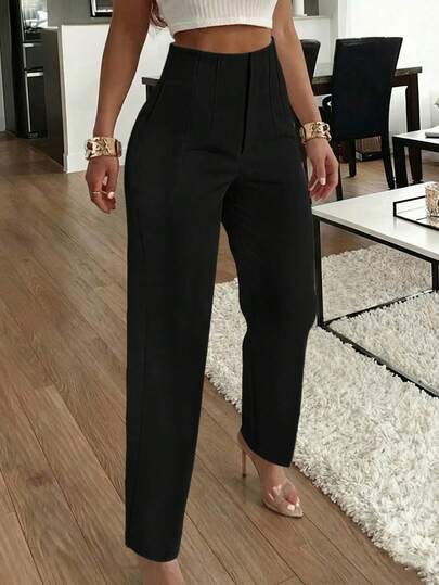 Women's Elegant Commuter Pleated Side Pocket Tapered Leg Long Pants Black Casual